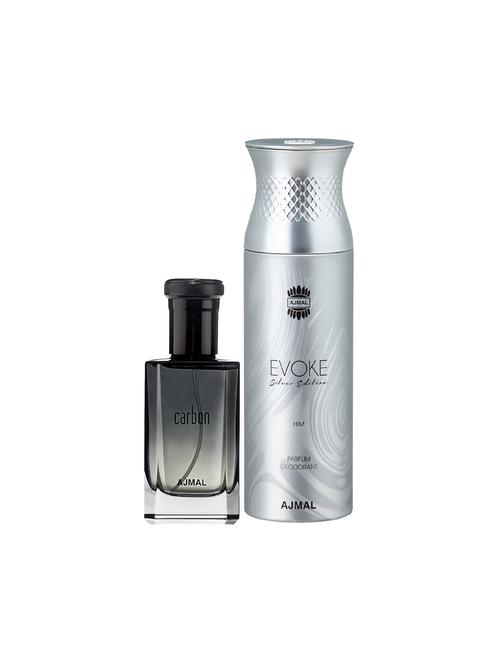 ajmal carbon edp spicy 100ml for men and evoke silver edition him deodorant spicy 200ml for men+ 2 parfum testers free - 17150675 - Very Small Image - 1