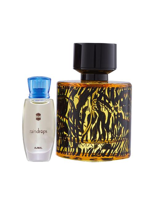 ajmal raindrops cp alcohol-free attar 10ml for women and maryaj wild stripes edp 100ml for men + 2 parfum testers free - 17150969 - Very Small Image - 1