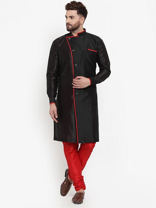 black jacquard silk blend sherwani set - 17160895 - Very Small Image - 1