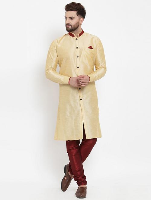 beige solid silk blend sherwani set - 17160906 - Very Small Image - 1