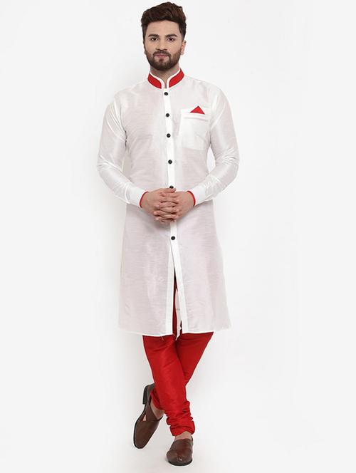 white solid silk blend sherwani set - 17160908 - Very Small Image - 1