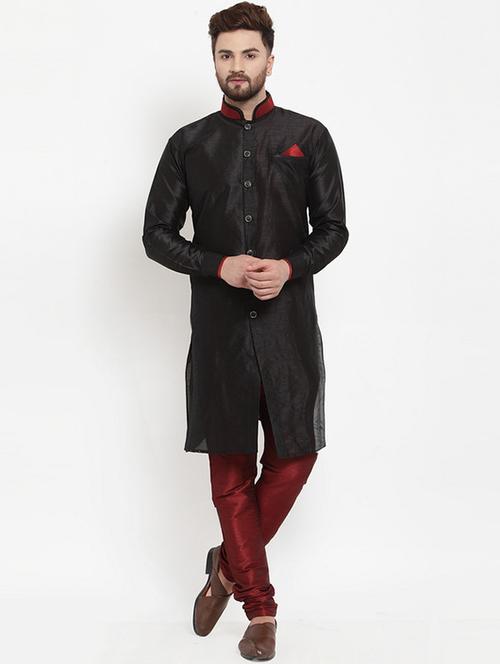 black solid silk blend sherwani set - 17160909 - Very Small Image - 1