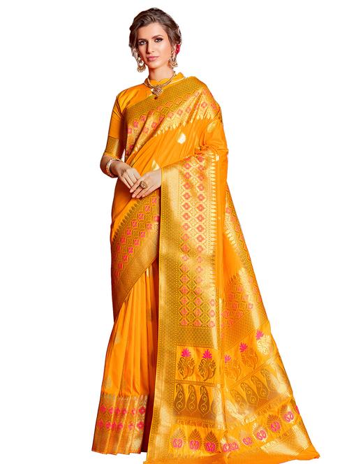 women's self design mustard colored saree with blouse - 17164352 - Very Small Image - 1