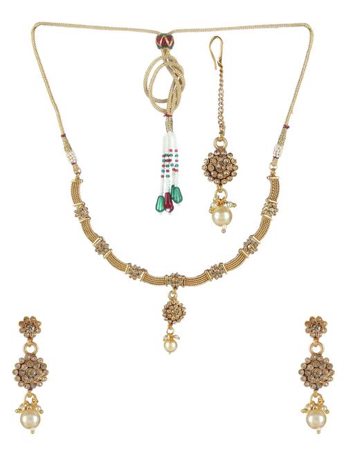 gold  tone gold necklace earing and maang tikka - 17165762 - Very Small Image - 1