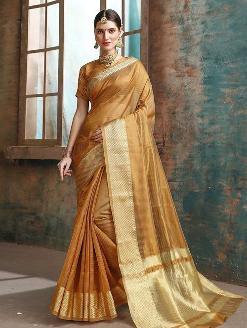 Women's Bordered Mustard Colored Saree - 17165979 - Very Small Image - 1
