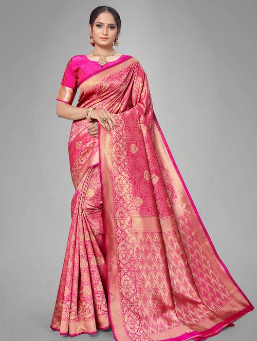 self design banarasi saree with blouse - 17167426 - Very Small Image - 1