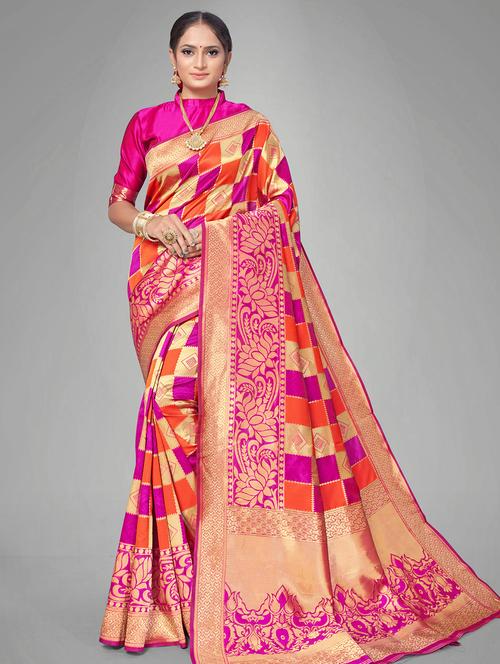checkered banarasi saree with blouse - 17167458 - Very Small Image - 1