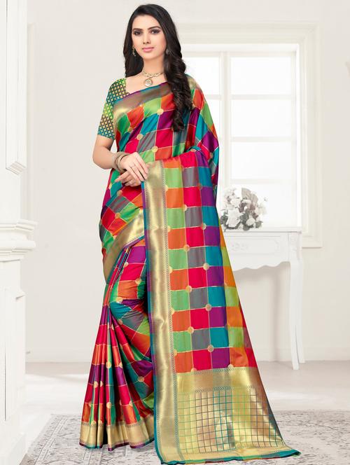 checkered bordered saree with blouse - 17168694 - Very Small Image - 1