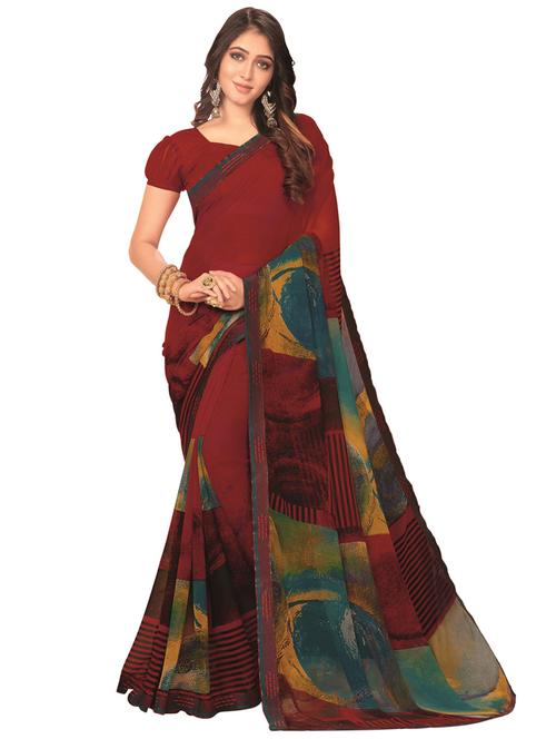 red georgette printed saree with blouse - 17184170 - Very Small Image - 1