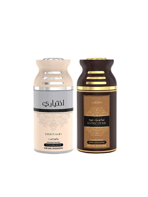 lattafa  ekhtiari +  iconic oudh 250ml deodorant perfumed bodyspray for men and women combo pack of 2 - 17202220 - Very Small Image - 1