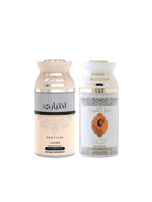lattafa  ekhtiari + sheikh al shuyukh khusoosi 250ml deodorant perfumed bodyspray for men and women combo pack of 2 - 17202228 - Very Small Image - 1