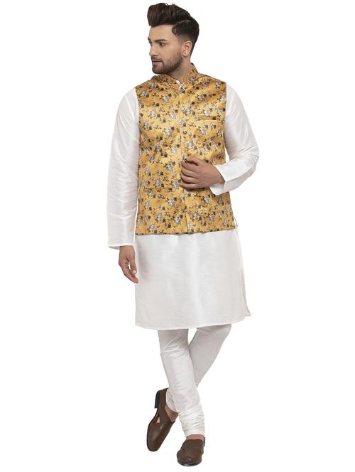 white solid dupion kurta pyjama set with mustard printed nehru jacket - 17203875 - Very Small Image - 1