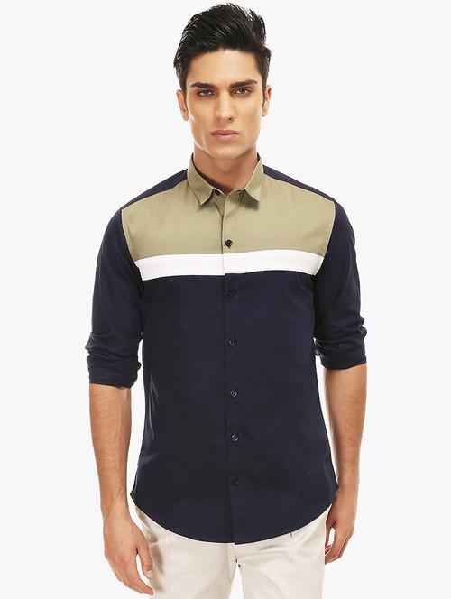 navy blue color block casual shirt - 17205209 - Very Small Image - 1