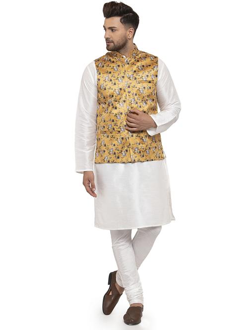 white solid dupion kurta pyjama set with mustard printed nehru jacket - 17205571 - Very Small Image - 1