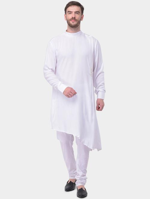 white solid silk blend asymmetric kurta pyjama set - 17213299 - Very Small Image - 1