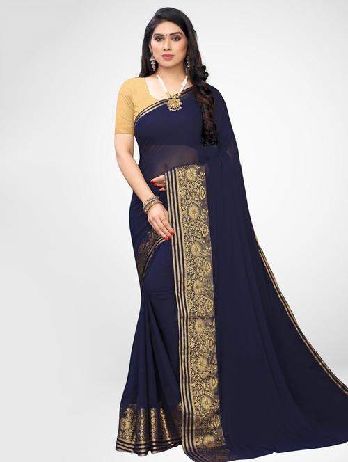 solid bordered woven saree with blouse - 17215765 - Very Small Image - 1