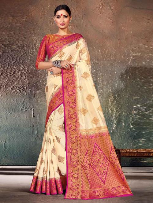 women's self design off white colored saree with blouse - 17225003 - Very Small Image - 1