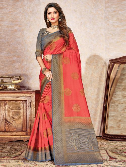women's self design peach colored saree with blouse - 17225018 - Very Small Image - 1