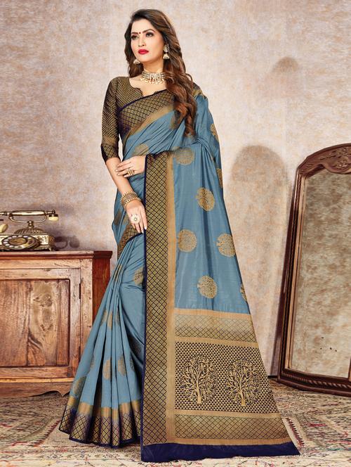 women's self design grey colored saree with blouse - 17225019 - Very Small Image - 1
