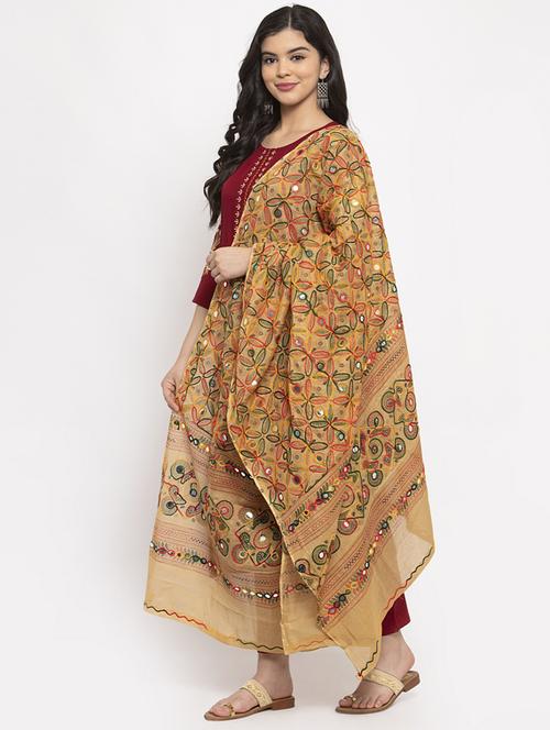 beige floral embroidered mirror work dupatta - 17226203 - Very Small Image - 1
