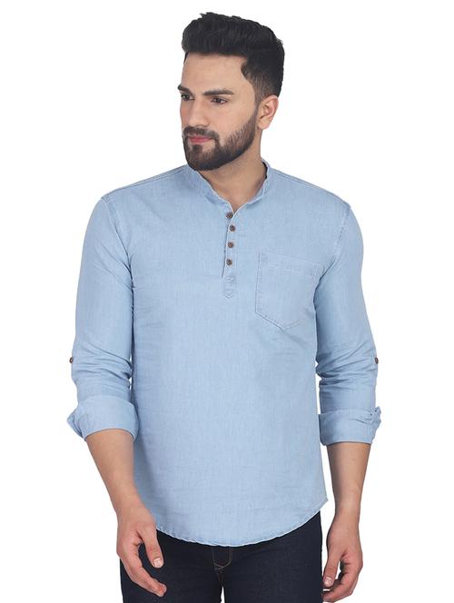 blue solid denim kurta - 17234522 - Very Small Image - 1