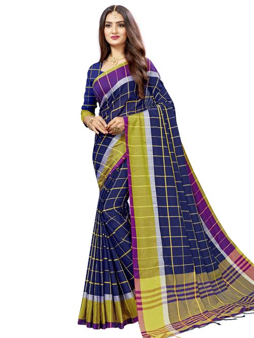 women's checks navy blue colored saree with blouse - 17234787 - Very Small Image - 1