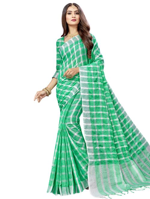 women's checks green colored saree with blouse - 17234790 - Very Small Image - 1