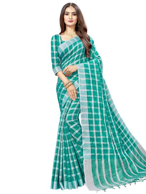 women's checks turquoise colored saree with blouse - 17234792 - Very Small Image - 1