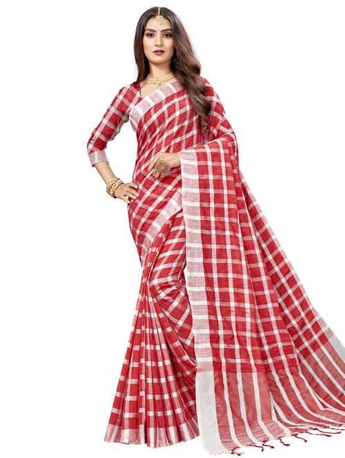 women's checks maroon colored saree with blouse - 17234794 - Very Small Image - 1