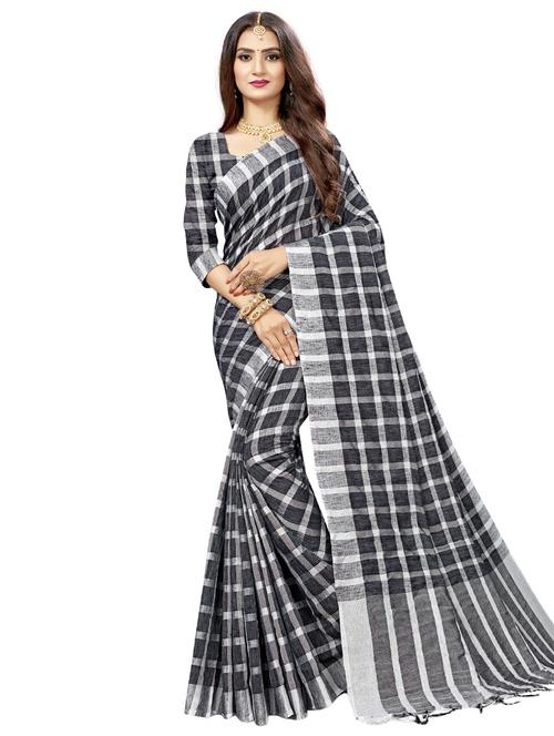 women's checks black colored saree with blouse - 17234797 - Very Small Image - 1