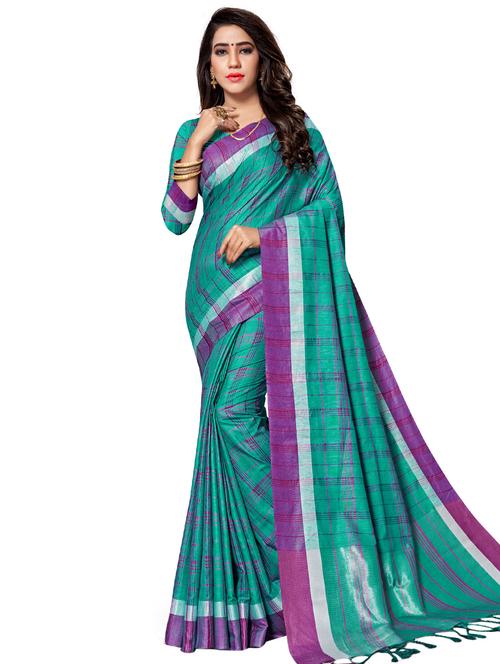 women's checks teal colored saree with blouse - 17234803 - Very Small Image - 1