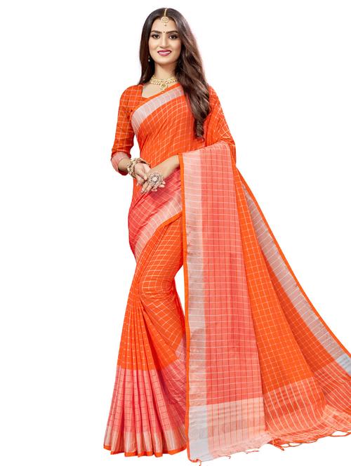 women's checks orange colored saree with blouse - 17234828 - Very Small Image - 1