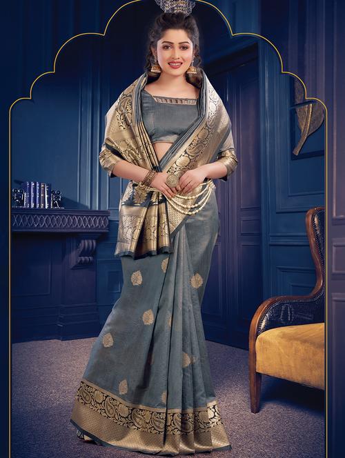 women's self design grey colored saree with blouse - 17234846 - Very Small Image - 1