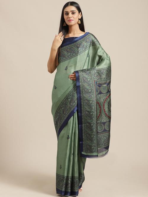 olive. silk blend printed saree with blouse - 17258549 - Very Small Image - 1