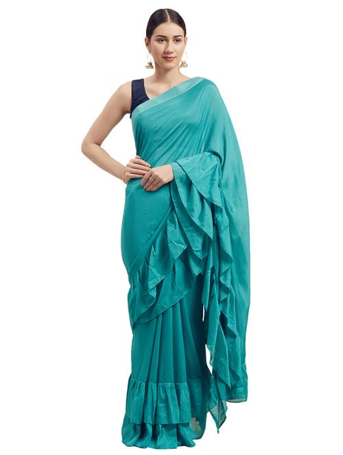 turquoise georgette plain saree with blouse - 17260368 - Very Small Image - 1