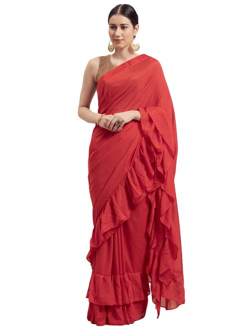 ruffle solid plain saree with blouse - 17260370 - Very Small Image - 1