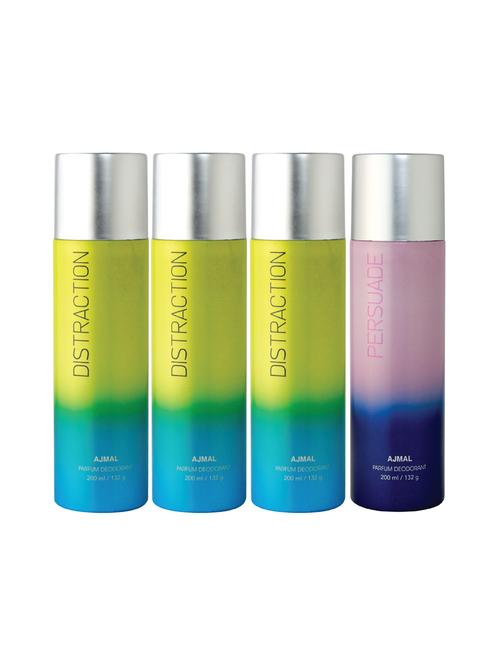 ajmal 3 distraction & 1 persuade deodorant  pack of 4 deodorant 200ml each (total 800ml) for unisex+ 4 parfum testers - 17261964 - Very Small Image - 1