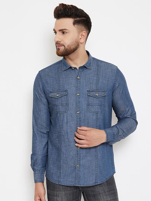 blue solid denim casual shirt - 17263495 - Very Small Image - 1