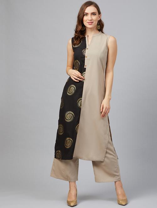 foil print contrast straight kurta - 17263946 - Very Small Image - 1
