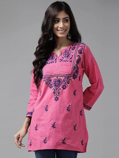 ada hand embroidered pink cotton chikankari kurti - 17269308 - Very Small Image - 1