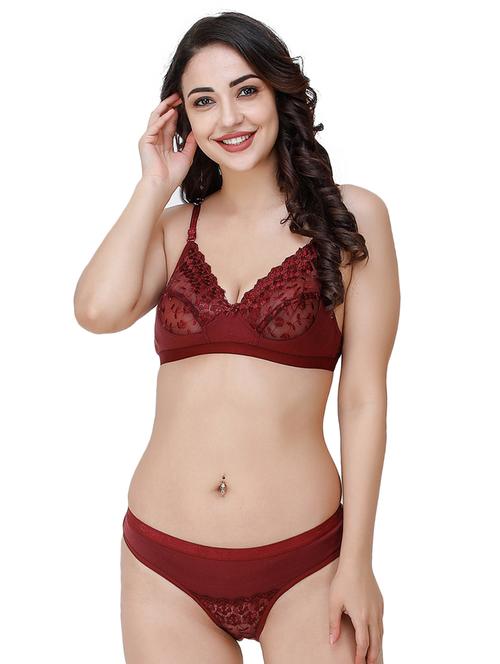 maroon net bras and panty set - 17281771 - Very Small Image - 1