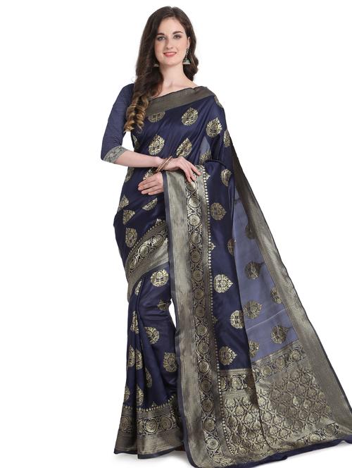 navy silk blend banarasi saree with blouse - 17282818 - Very Small Image - 1
