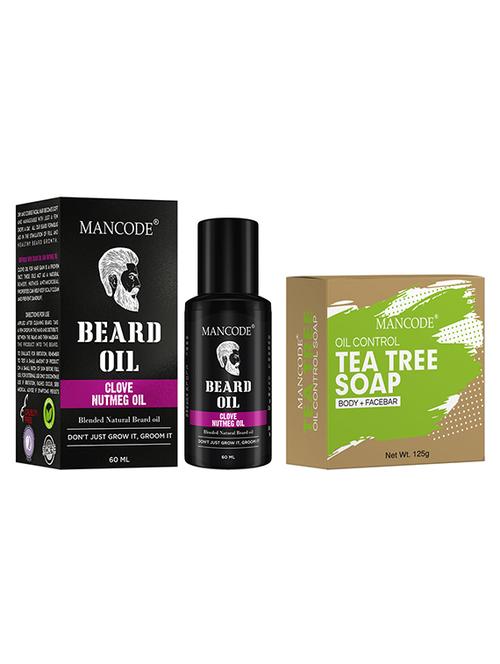 mancode beard oil clove & nutmeg, 60ml + mancode mancode tea tree oil control soap, 125gm - 17284900 - Very Small Image - 1