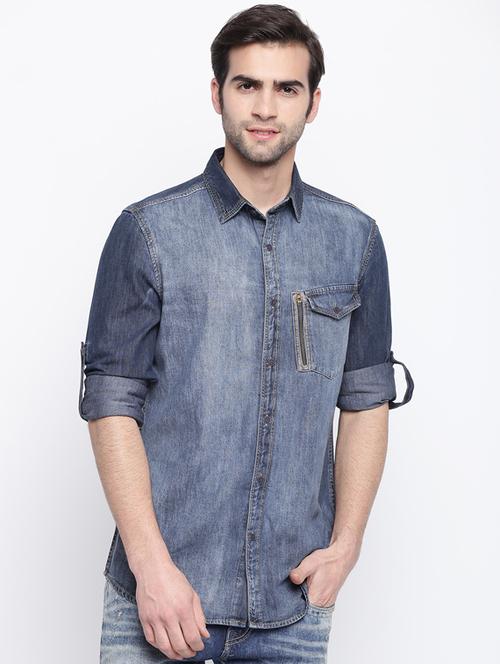 blue faded denim casual shirt - 17286079 - Very Small Image - 1
