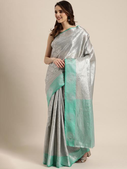 silver silk blend kanjivaram saree with blouse - 17290154 - Very Small Image - 1