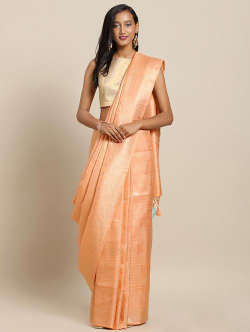 peach silk blend baluchari saree with blouse - 17290248 - Very Small Image - 1