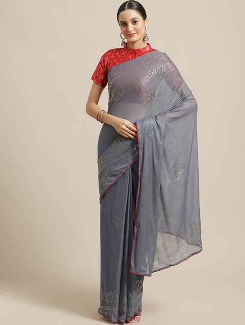solid embellished saree  with blouse - 17294015 - Very Small Image - 1