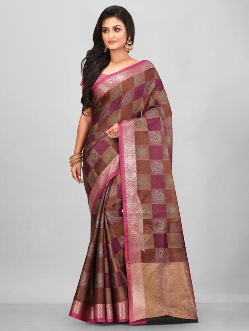 checkered banarasi saree with blouse - 17294568 - Very Small Image - 1