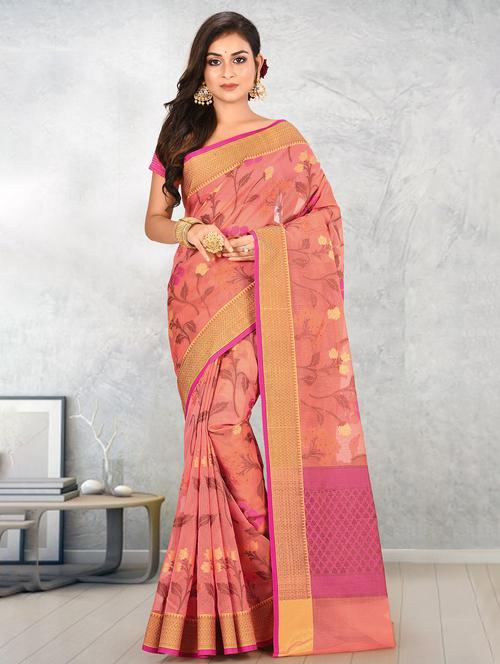 peach cotton blend banarasi saree with blouse - 17294629 - Very Small Image - 1