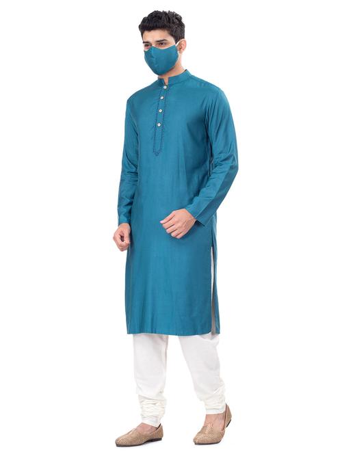 teal blue solid long kurta with mask - 17294699 - Very Small Image - 1
